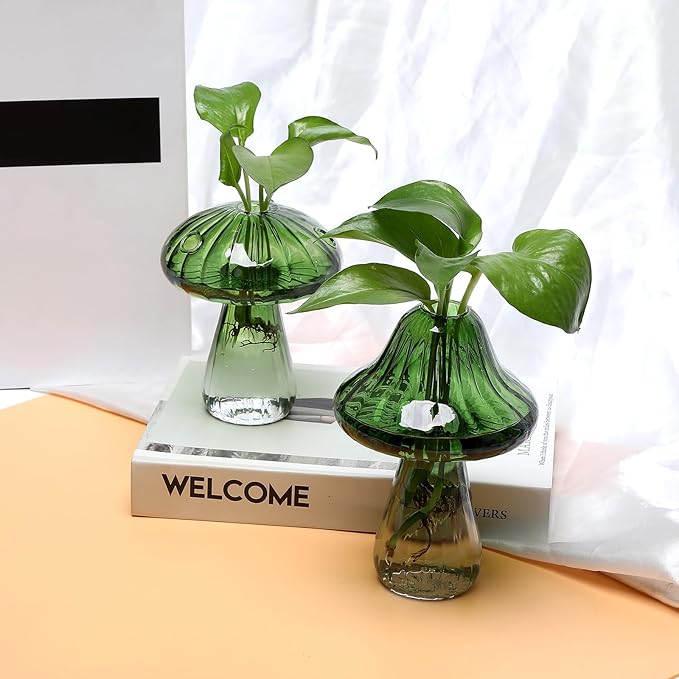 Mushroom Glass Vase Propagation Stations Flower Vases Home Decor Mushroom Planter Cute Vases Garden Decoration Set of 2