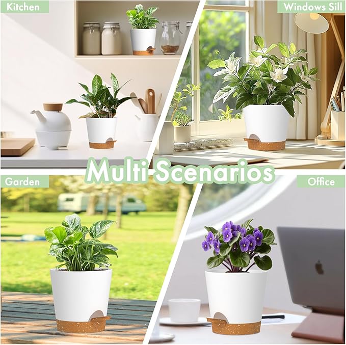 WSMKSZ 4 inch Self Watering Pots for Indoor Outdoor Plants, 6 Pack Plastic Flower Planters with Drainage Holes and Removable Saucers, Plant Pots with Wicking Rope, Modern Decor, White Brown