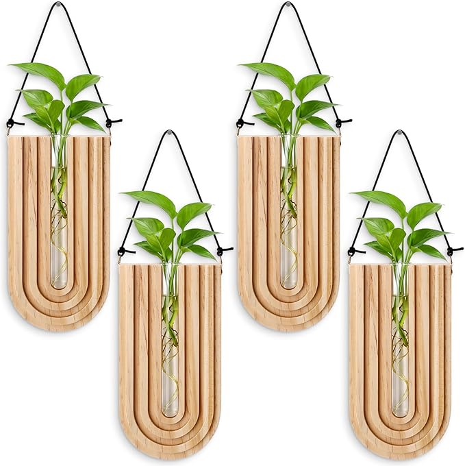 Set of 4 Wooden Wall Planter Vase Hanging Propagation Stations Glass Plant and Flower Vases Wall Plant Holder for Indoor Plants Art Boho Home Room Entryway Hallway Decoration