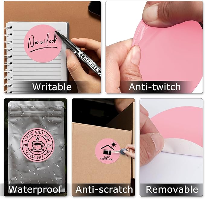 Pink Circle Thermal Labels Vinyl 3 Inch Self-Adhesive Round Stickers Roll Waterproof Printer Decals Name Tag for QR Code DIY Office Address 500 PCS