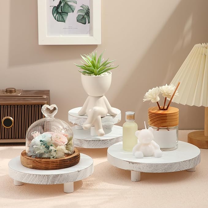 Geetery 4 Pcs Wooden Risers for Display Wood Pedestal Stand Mini Tray Stand Round Wooden Pedestal Holder Rustic Riser for Decor Tiered Tray Decor Home Kitchen, 5/6/7/8 Inch(White)
