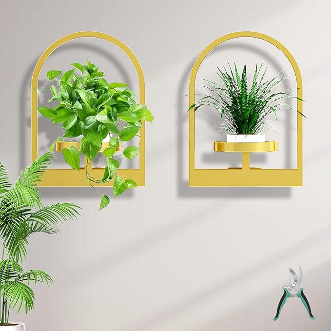 Wall Plant Stand, Hanging Frame Decor Planters for Indoor Plants, Plant Wall Hanger for Living Room/Entryway/Garden Flower Pot Holder Free Garden Shears (Arc-Gold, 2pcs)