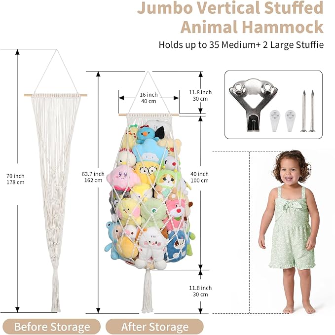 Stuffed Animal Storage Net Corner, 70 Inch Jumbo Macrame Stuffed Animal Hammock Plushie Net, Wall Ceiling Hanging Stuffy Storage Stuff Animal Organizer for Kid Boho Nursery Decor Gift (Cream)