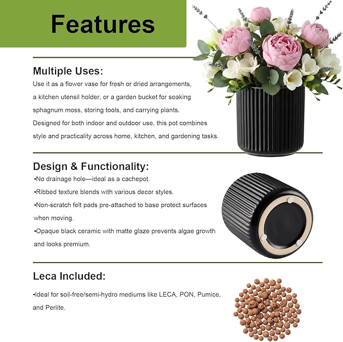 2 Pack of 6in Ceramic Cachepot with Clear Orchid Pot - self Watering Indoor Planter with Drainage for Root Visibility,semi Hydro pots for repotting Orchid,Black