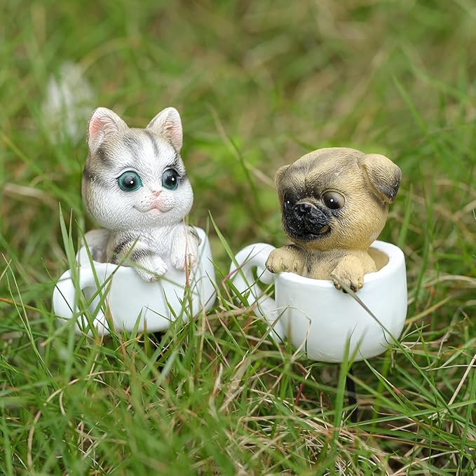 Pug Dog Mini Figurines with Stakes Adorable Garden Statues for Flower Plant Pot Decorations Miniaturefairy Garden Sculpture (Cuddly Puppy Dog)