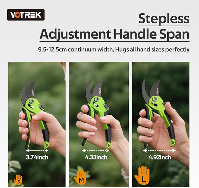 VOTREK® Pruning Shears for Gardening, [Patented Stepless Handle Opening] - Garden Clippers with Ultra-Sharp SK5 Steel for Weak Hand, Universal Fit for All Hand Sizes, Effortlessly Cuts 1-Inch Branches