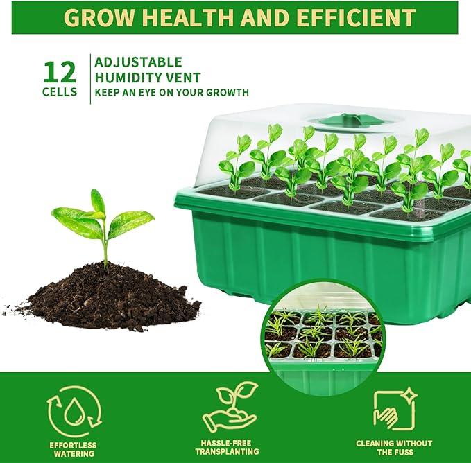 60-Cell Seed Starter Tray, 5 Pack – Cells Plant Grow Kit with Humidity-Vented Domes and Base for Organic Seed Germination, Ideal Plant Starter Kit with Labels & Transplant Tools