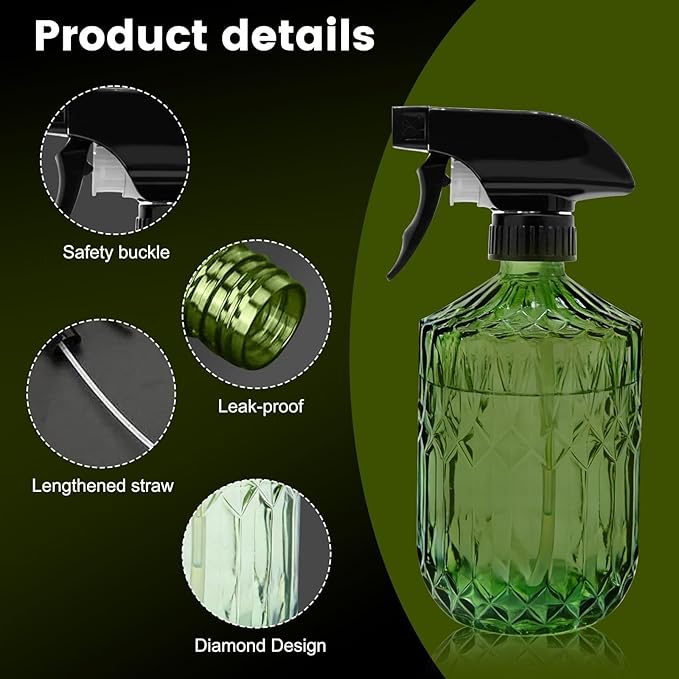 Plant Mister Fine Mist Water Spray Bottle for Plants - 0.43L/15.17oz Handheld Glass Spray Bottles with Adjustable Nozzle - for Indoor Flower, Plant, Gardening, Cleaning (Light Green)