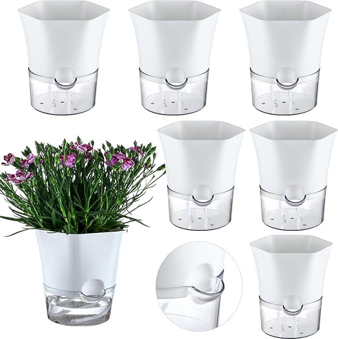6-Pack 7.8" Clear Self Watering Pots for Indoor Plants Large Hexagon Self-Watering Planters Orchid Pots Plastic Wick Flower Plant Pots for African Violet, Spider, Herbs, Home Decor, White and Clear