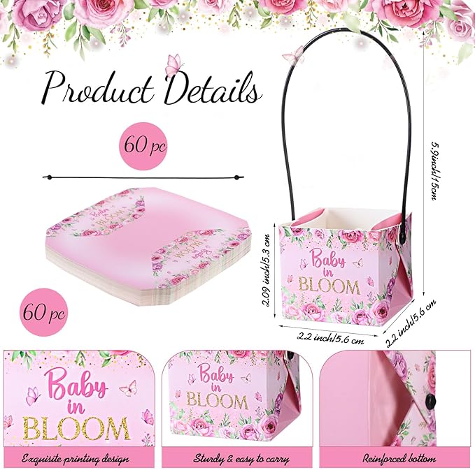 Soaoo 60 Pcs Succulent Baby Shower Favors Bulk Grow Succulents Wrap Bags with Handles Baby in Bloom Plants Paper Pots Gift Boxes Decorations Supplies Plants not Included Fits 2 Inch Pots(Pink Flower)