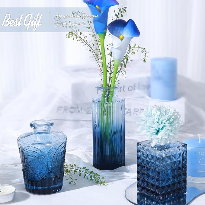 TBWIND 24Pcs Blue Glass Bud Vases Set, Small Vases for Flowers, Perfect for Centerpieces at Parties, Baby Showers, Weddings, Events, Graduation Season, Great Gifts for Office & Home Décor