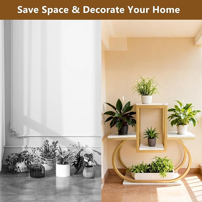 Gold Metal Corner Plant Stand for Indoor & Outdoor Use – Tiered Multi-Tier Flower Pot Holder for Living Room, Bedroom, Balcony – Modern Home Decor Storage Rack With Marble-Patterned Shelves