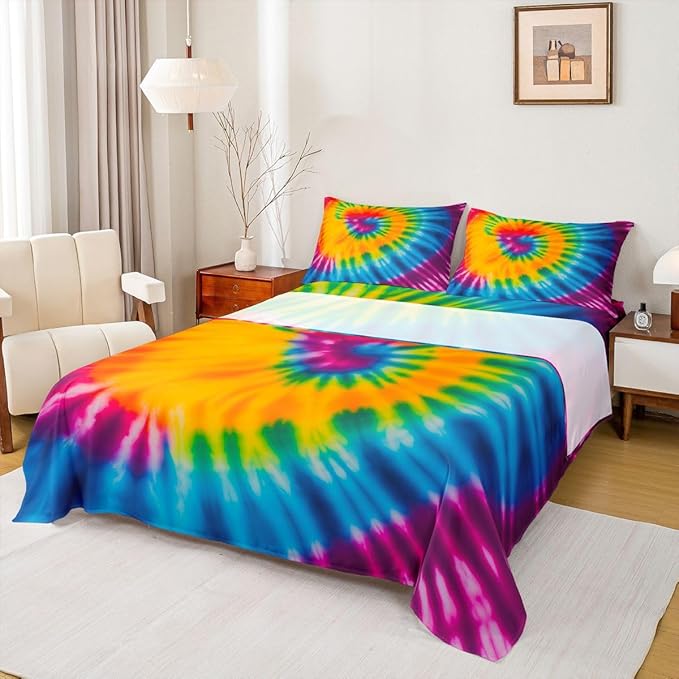 Feelyou Tie Dye Sheet Set Twin Size Kids Girls Boho Trippy Swirl Bed Sheets Set Ultra Soft Bright Colorful Rainbow Bedding Set Women Teens Bedroom Decor Bohemian Gypsy Sheets, Luxury Microfiber