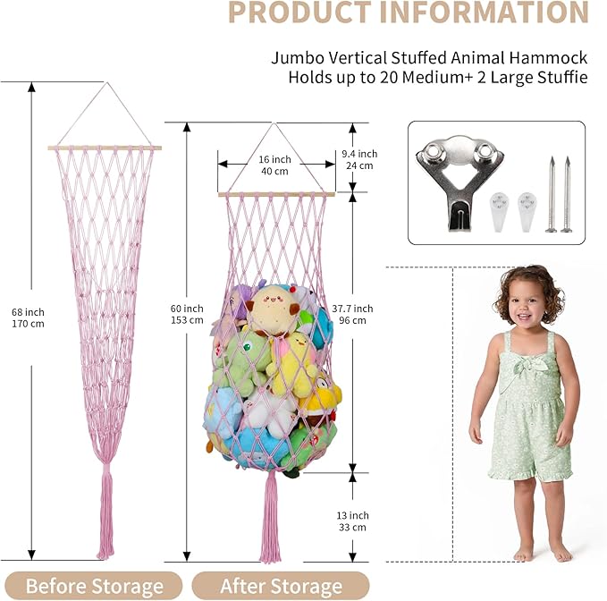 68 Inch Stuffed Animal Storage, Jumbo Macrame Stuffed Animal Hammock Corner, Wall Ceiling Hanging Stuffy Toy Hammock Plushie Net Display for Kids Boys Girls Nursery Decor (Pink)