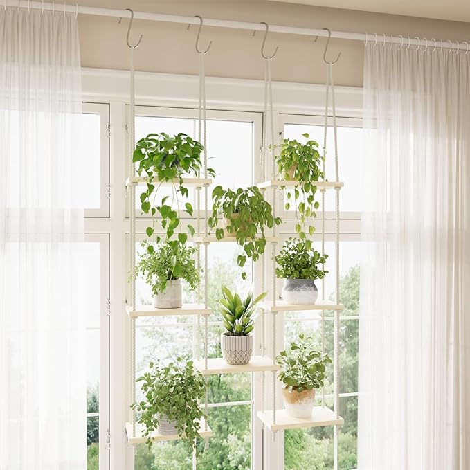 Window Plant Shelves, 8 Tier Window Sill Shelf for Plants, Macrame Hanging Plant Stand Indoor, Plant Hanger Floating Shelves, Window Plants Holder Boho Decor Living Room Bedroom Wall Decor