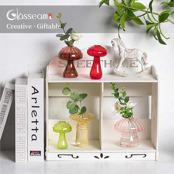 Glasseam Mushroom Flower Bud Vases: Set of 5 Cute Colored Glass Small Vase for Flowers, Unique Aesthetic Decorative Vases for Home Decor, Hydroponic Plant Vase Indoor for Dining Room Centerpieces