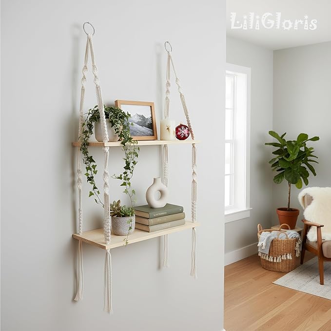 Bohemian Braided Jute Rope Floating Wall Shelf, Rustic Natural Wood with No Drill Adhesive Mount for Plants, Photo Frames, Decorative Display in Bedroom, Living Room, Office, Kitchen