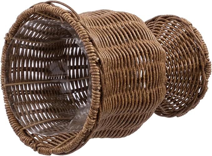 8 Inch Goblet Planter, Woven Rattan Look Resin Flower Pot with Metal Frame, Brown