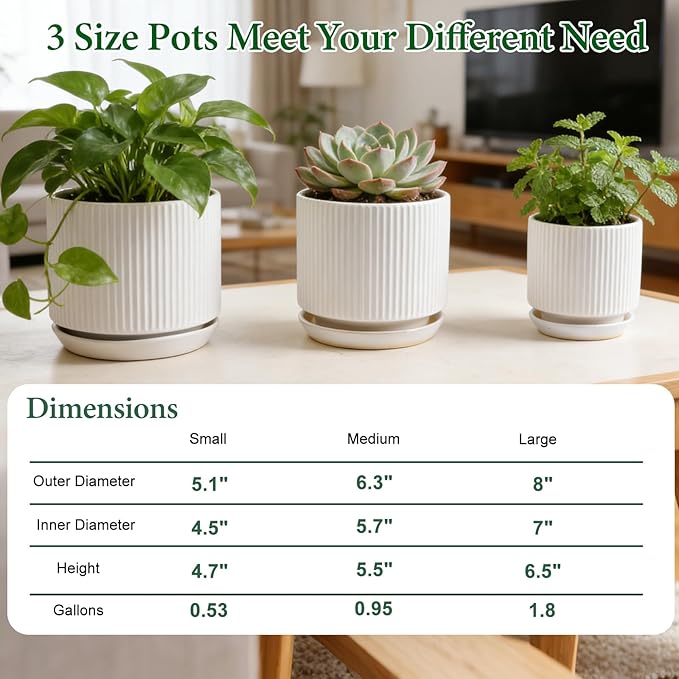 Ceramic-Flower-Pots-Sets-with-Saucer, 5/6/8 inch Small Planters for Indoor Plants with Drainage Hole, White Vertical Stripe Plant Pots for Home Decor, Outdoor Garden Pot For Succulent Cactus Herb
