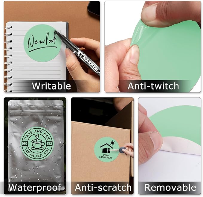 Green Circle Thermal Labels Vinyl 3 Inch Self-Adhesive Round Stickers Roll Waterproof Printer Decals Name Tag for QR Code DIY Office Address 500 PCS
