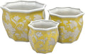 Galt International Yellow & White Round Fluted Floral Porcelain Ceramic Plant Flower Planter Pot Set of 3 (7.5", 10", 13") Garden Pots Chinese Asian Design