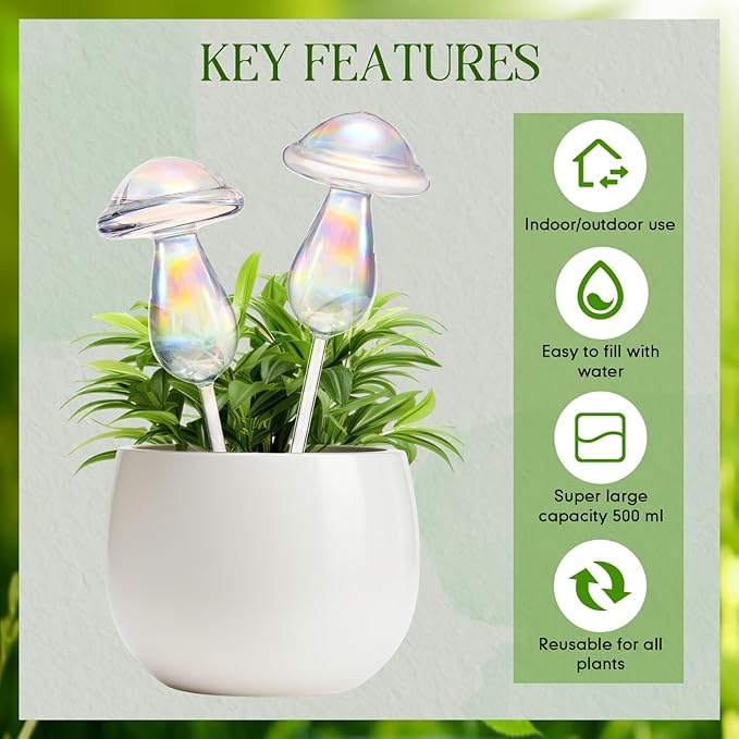 Qinyoung 2 Pcs 17 Oz Plant Watering Globes Large Mushroom Shaped Iridescent Rainbow Self Watering Globes Clear Glass Planter Insert Devices for Indoor Outdoor Plant Lovers