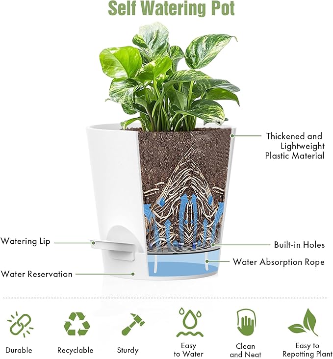 WSMKSZ 4 inch Self Watering Pots for Indoor Outdoor Plants, 6 Pack Plastic Flower Planters with Drainage Holes and Removable Saucers, Plant Pots with Wicking Rope, Modern Decor, White