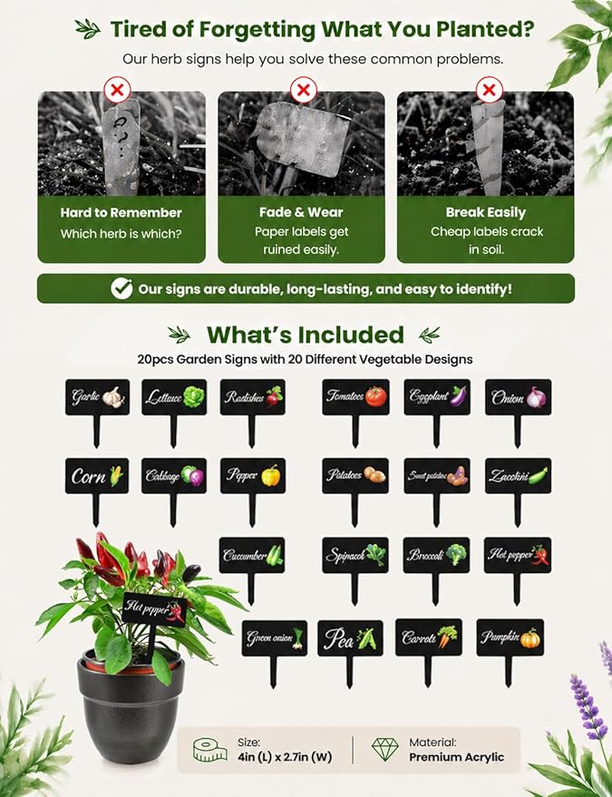 20Pcs Garden Signs for Vegetables, 20 Styles Waterproof Reusable Plant Label Signs, Fruit Plant Stakes Tags with Names for Indoor Outdoor Garden Decoration