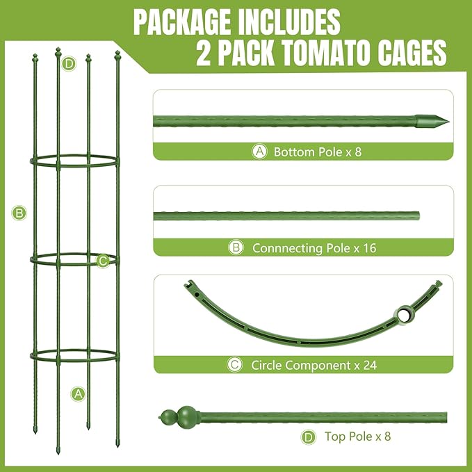 Joyhalo 2 Pack 65 Inch Tomato Cages for Garden, Upgraded Larger Size Heavy Duty Tomato Cage, Height Adjustable Tomatoes Trellis for Climbing Plants Vegetables Flowers Cucumber Peony