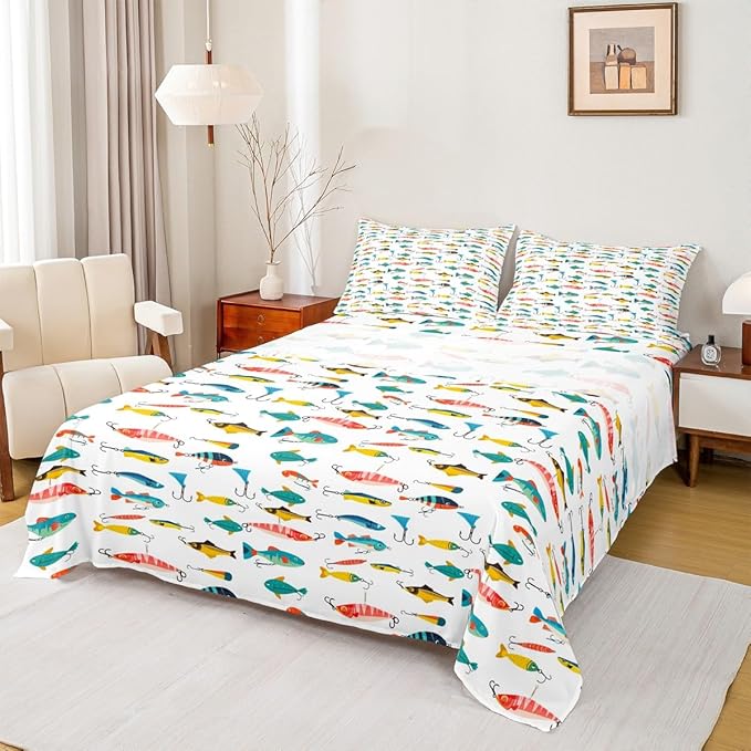 Fish Sheets Set Twin Size Cute Fish Bait Sheets with Deep Pocket Fitted Sheet for Kids Boys Girls Colorful Fishing Hooks Bed Sheet Set Nature Fishing Theme Bed Set Room Decor 3Pcs with 1 Pillow Case