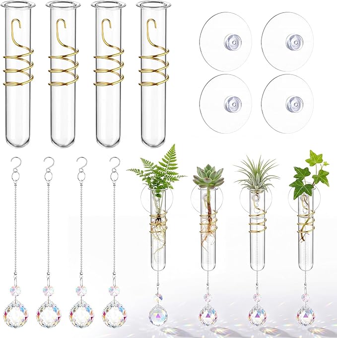 Zhehao 4 Set Window Hanging Propagation Stations 5.9'' Plastic Propagation Vases with Suction Cup & Crystal Pendants, Propagated Plant Holder Wall Jars for Home Office Garden Decoration Lover Gift