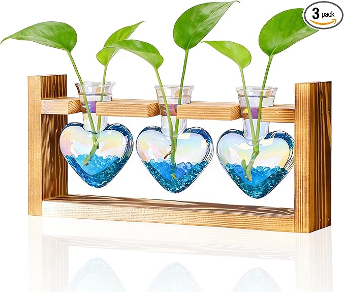 Nacome Plant Terrarium Propagation Stations: Mothers Day Gifts for Mom Plant Lovers Women Wife Daughter - 3 Bulb Glass Vase with Wooden Stand Tabletop for Hydroponics Home Garden Decor(Iridescent)