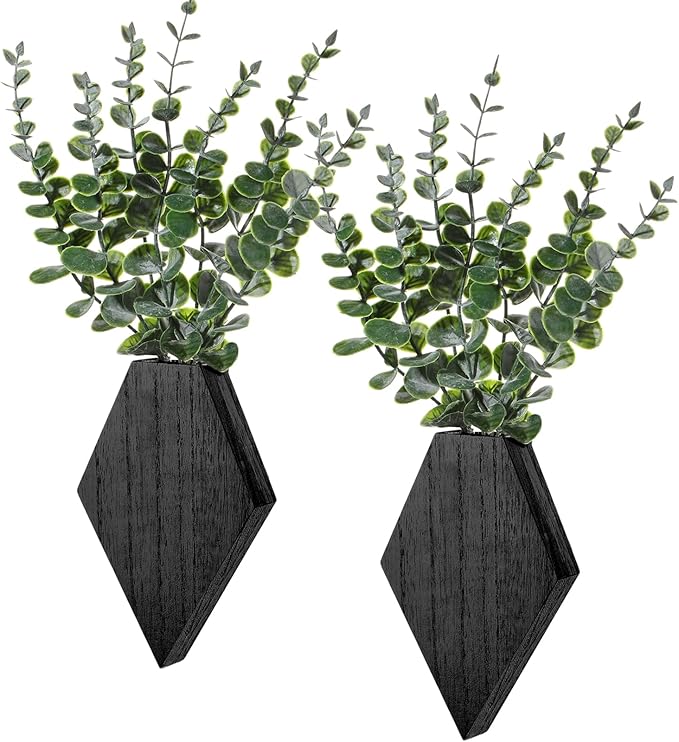 Chunful 2 Pcs Wooden Wall Planter Decor Hanging Fake Plants Greenery Flowers Holder Vase Boxes for Wall Bohemian Farmhouse Room Kitchen Office Indoor Decoration(Black,7.1 x 4.7 x 1.2 Inches)
