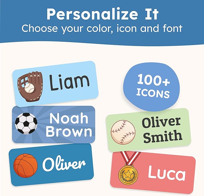 Personalized Name Labels for Kids (70 Labels) - Durable & Waterproof Custom Name Stickers for Clothing Tags, School Supplies, Camp & Daycare - League (1.2”x0.5”)