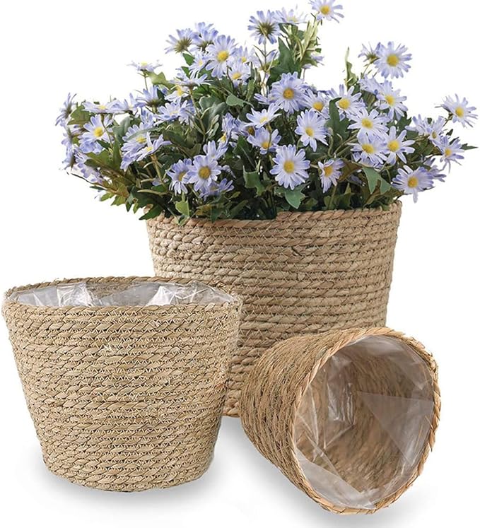 FOMIYES Home Decor Woven Straw Flower Pot Seagrass Planters Basket Garden Plant Pot Containers Wicker Rattan Vase Sundries Organizer Storage Bins for Indoor Outdoor Plants Vintage Decor
