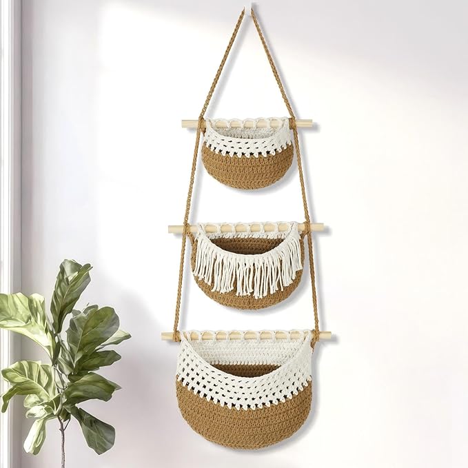 Boho Style Handwoven Rope Hanging Basket - 3-Tier Detachable Storage Organizer for Kitchen/Bathroom/Entryway, 3 Included Heavy-Duty Hooks, 7 Color Options Available (Khaki&White)