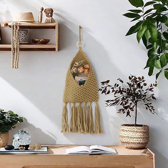 Macrame Mail Organizer Wall Mounted, Hanging Woven Basket for Boho Home Office Decor, Over the Door Key and Mail Letter Envelope Holder for Entryway Hallway, Olive Green