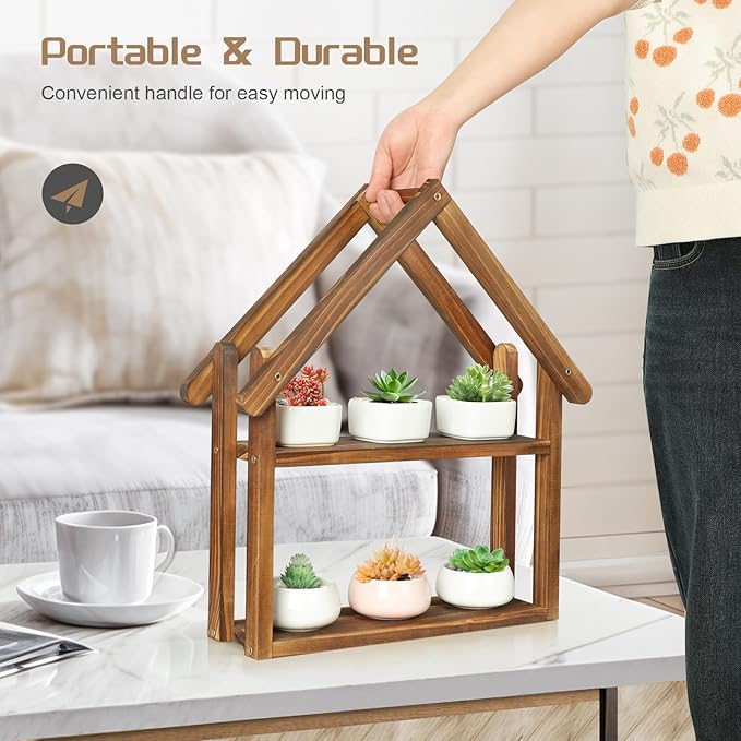 Jotsport 2 Tier Windowsill Plant Stand Small House Wood Plant Shelf Desktop Succulents Holder for Kitchen Living Room Office