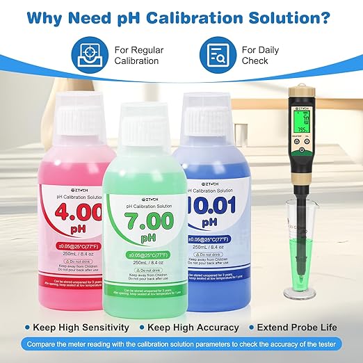 pH4.00, pH7.00 and pH10.01 Calibration Solution, 250 ml (8.4 fl.oz) Each, pH Pen Buffer Calibration Solution pH4.00, 7.00, pH10.01 Calibration Solution with 3 * 30ml Container for pH Tester, pH Probe