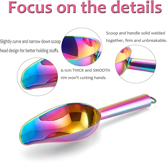Mini Ice Scoop Set of 2, E-far 3 Ounce Rainbow Stainless Steel Scoops for Candy/Flour/Sugar, Small Metal Scoops for Party/Canisters Jars/Kitchen Bar/Ice Maker, Rust Proof & Dishwasher Safe