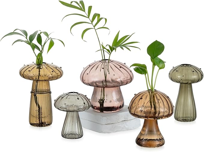 Glasseam Mushroom Glass Planter for Plants: Set of 5 Handmade Plant Propagation Stations - Fall Colored Small Hydroponic Terrarium Jars for Home Decor for Plant Lovers