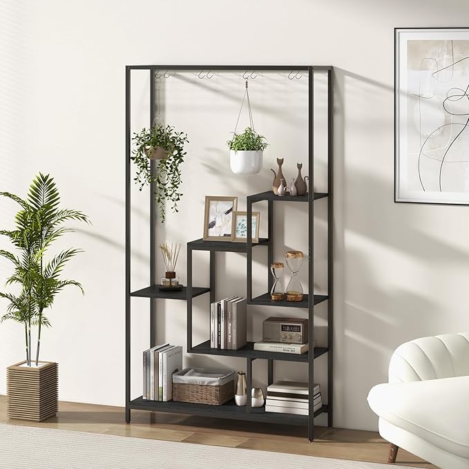 6-Tier Plant Stand Indoor, 70.9" Tall Plant Stand with 10 S Hanging Hooks, Metal Plant Shelf Corner Plant Stands for Indoor Plants, Garden, Balcony, Living Room (Black)