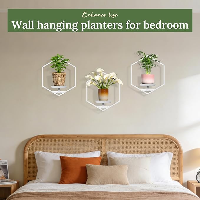 BXF Hexagon Floating Frame Plant Stand - 3 Pack Metal Wall Mounted Planters - Minimalist Geometric Hanging Decor for Indoor Succulents & Air Plants,White