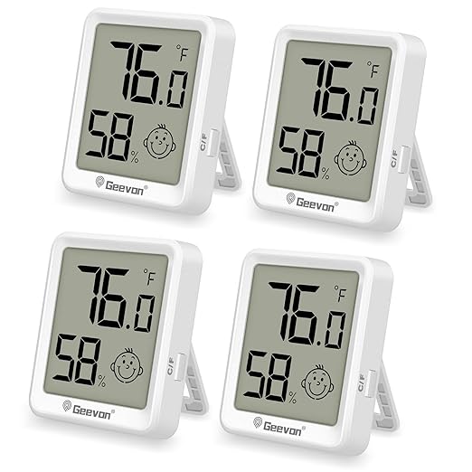 Geevon 4 Pack Mini Digital Hygrometer Gauge Indoor Thermometer – LCD Monitor Temperature with Comfort Index,Outdoor Humidity Meter for Home House Office Garden and Cellar