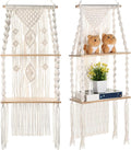 Barydat 2 Pack Macrame Wall Hanging Shelf 2 Tier Handmade Boho Hanging Wall Shelf Floating Woven Rope Decorative Storage Racks Holder Organizer for Home Bedroom Bathroom Plants, Beige (Retro)