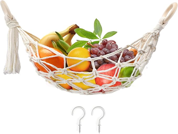 Hanging Fruit Hammock with Hooks, Hanging Fruit Basket Under the Kitchen Cabinet for Storing Banana Fruits, Hand-Woven Hanging Basket, Valentine's Gifts for Kitchen Décor, Oval