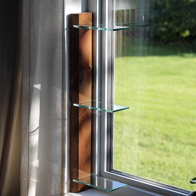 Daniel's Plants 3 Tiered Window Sill Plant Shelf (Real Wood & Glass) | Renter Friendly Window Shelves | Removable Indoor Plant Stand with Hook-and-Loop | Easy Setup | Solid Wood (Woodland Brown)