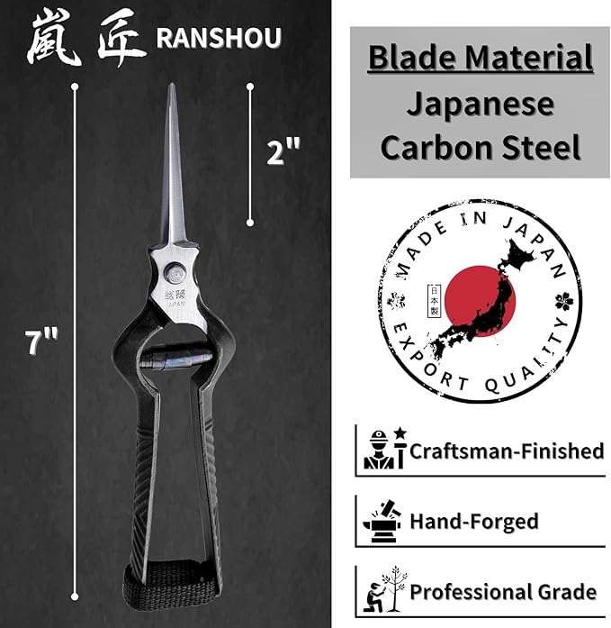 Professional Bonsai Trimming Scissors 7" [Extra Pointed Tips] Made in JAPAN, Plant Trimming Shears, Hand Forged Japanese Carbon Steel Blade, Spring Loaded Handle, Black