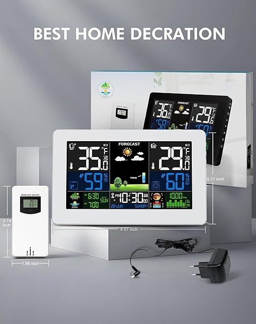 Weather Station Wireless Indoor Outdoor, Digital Thermometer with Remote Sensor, Large Display Home Weather Stations with Weather Forecast, Atomic Clock, Barometric Pressure, Moon Phase