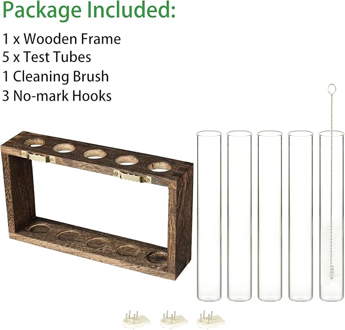 Kingbuy Wall Propagation Station with 5 Test Tube Vases - Vintage Wood Stand Wall Hanging Planter for Plants, Tabletop Terrarium Windowsill Decor Kitchen Herb Garden Accessory, Brown